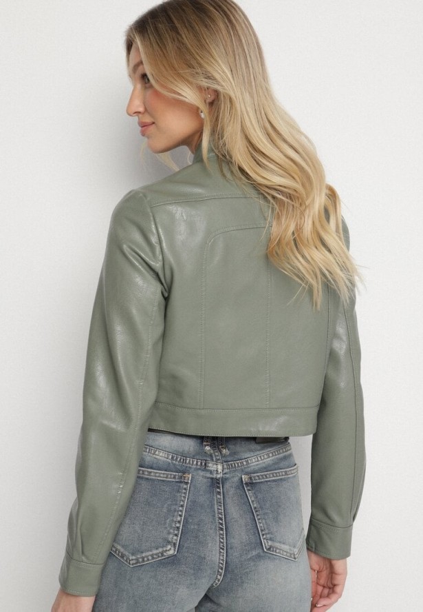 Jasnozielona Kurtka Ramoneska w Motocyklowym Stylu z Klamerką Terlia