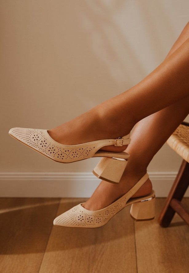 Beżowe Ażurowe Sandały Vices na Obcasie Bez Pięty ze Skórzaną Wkładką Iffilissea