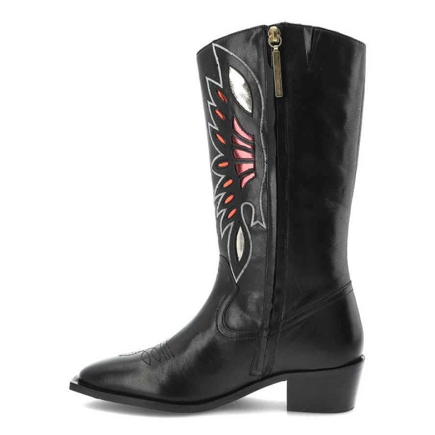 Kowbojki damskie Gioseppo, skórzane z noskiem w szpic na klocku z wysoką cholewką i zapinane na zamek, czarne, Nisswa-76094