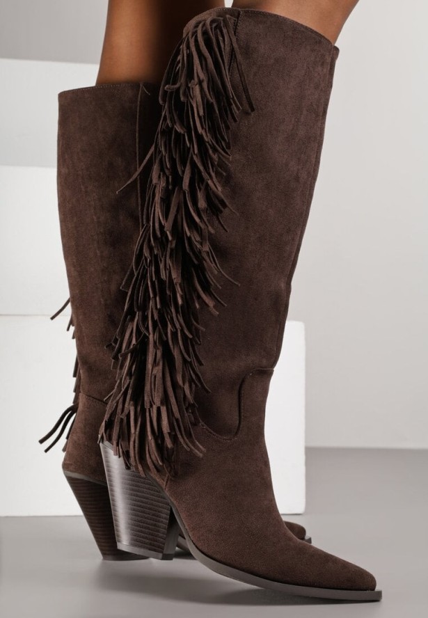 Ciemnobrązowe Kozaki Kowbojki z Imitacji Zamszu z Frędzlami i Stożkowym Obcasem Rafilea