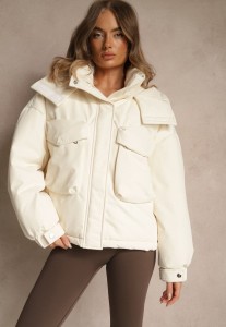 Beżowa Kurtka Bomberka o Kroju Oversize z Kapturem i Dużymi Kieszeniami Nalesia