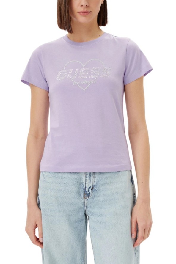 GUESS Lawendowy damski t-shirt bawełniany Narciso, Rozmiar S