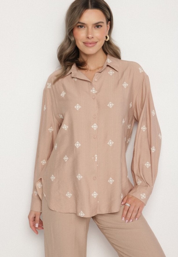 Ciemnobeżowy Komplet z Wiskozy o Kroju Oversize Koszula z Haftem i Spodnie Sadeonna