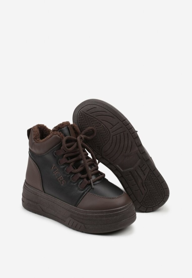 Czarno-Brązowe Sneakersy Śniegowce Vices na Grubej Podeszwie z Tłoczeniem Ozdobione Napisem Fettania