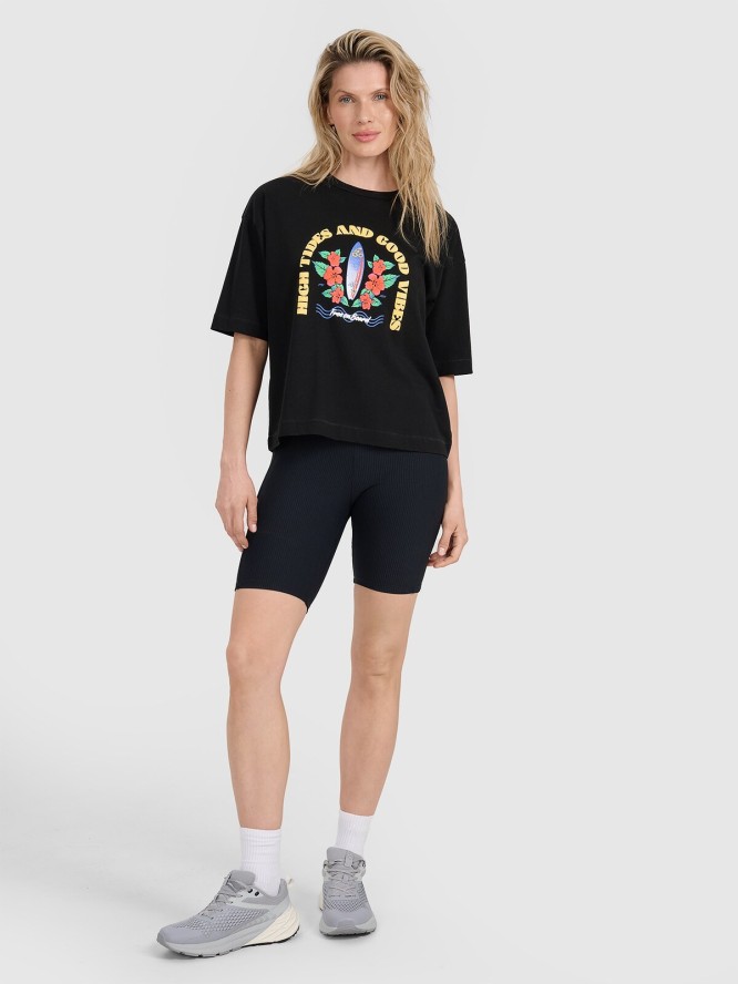 4F T-shirt oversize z nadrukiem damski - czarny XL
