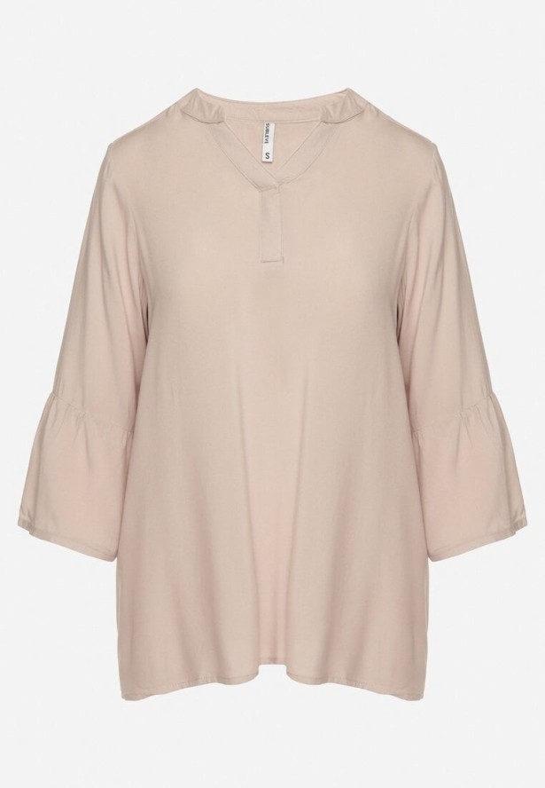 Ciemnobeżowa Wiskozowa Bluzka z Falbankami przy Rękawach Tialavelle