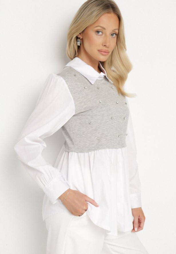 Szara Rozkloszowana Bluzka Koszulowa z Wiskozą z Wszytą Kamizelką z Cyrkoniami Uliaviela