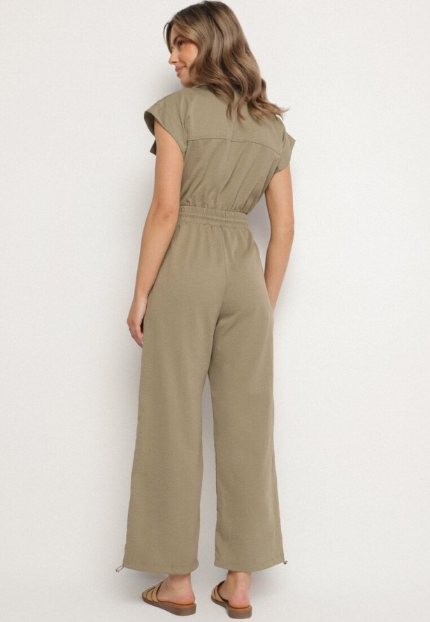 Zielony Kombinezon na Krótki Rękaw z Kołnierzykiem i Zapięciem na Suwak Kareldi