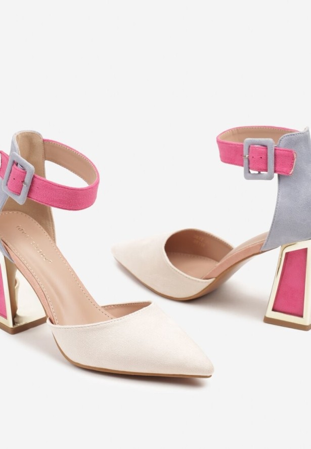 Beżowo-Różowe Czółenka na Stożku Ozdobione Paskiem Wokół Kostki i Metaliczną Aplikacją Tiliri