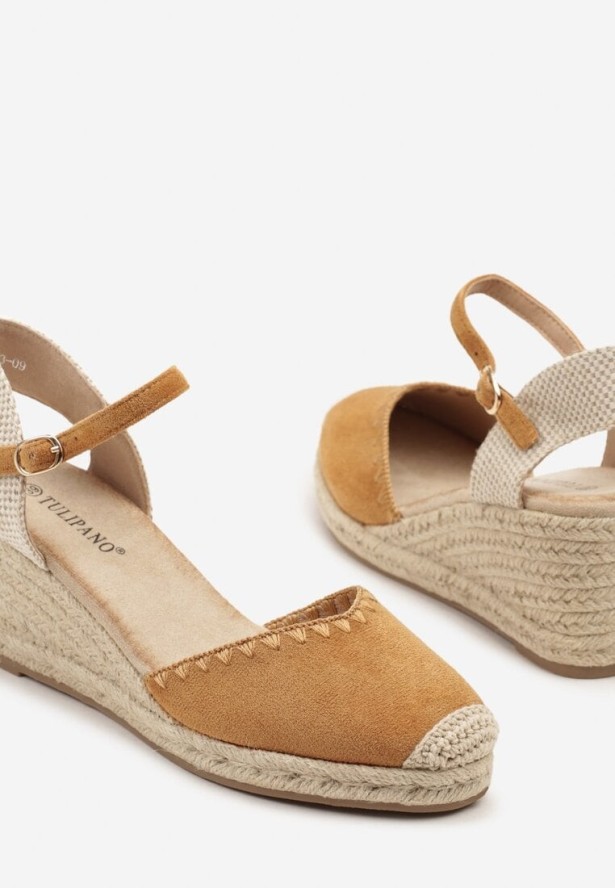 Brązowe Sandały w Stylu Espadryli na Koturnie z Plecionką Meralissea