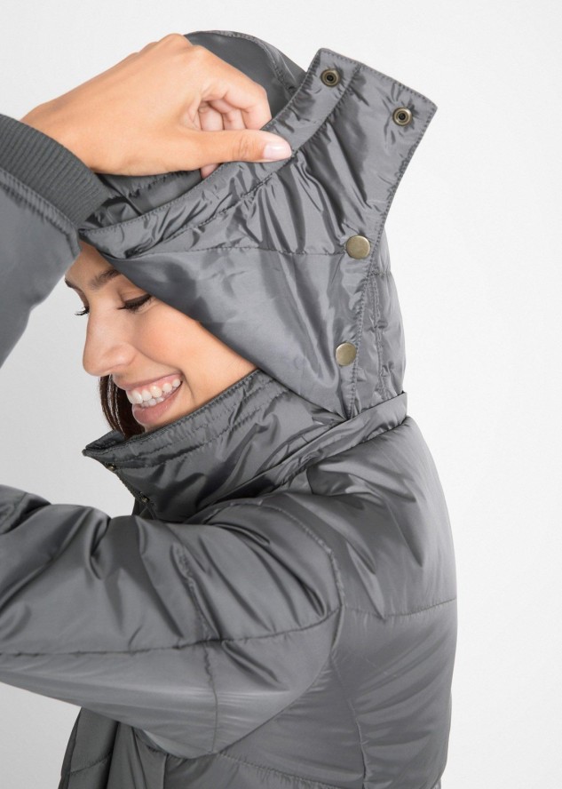 Długa kurtka pikowana, ocieplana, z kołnierzem i kapturem