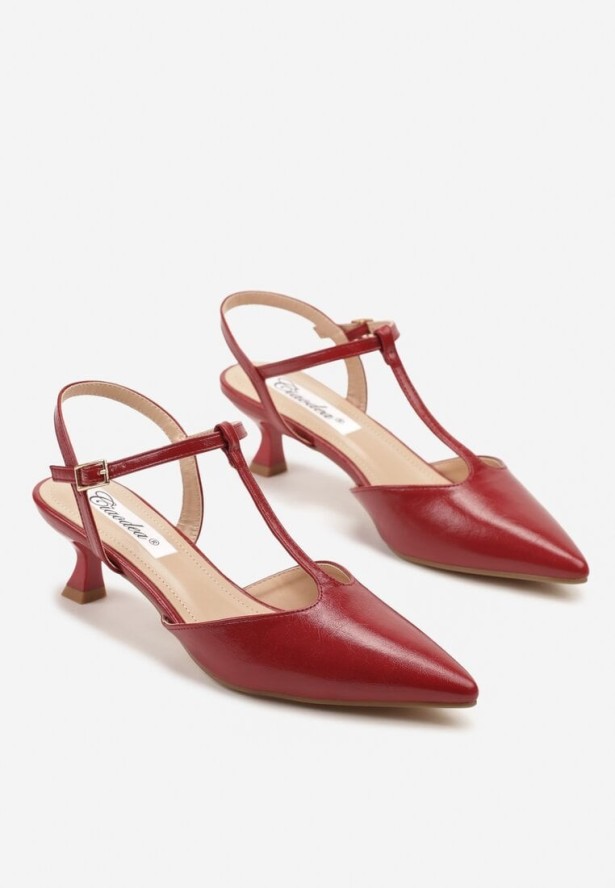 Czerwone Czółenka na Obcasie Kaczuszce Ozdobione Paskami Peselle