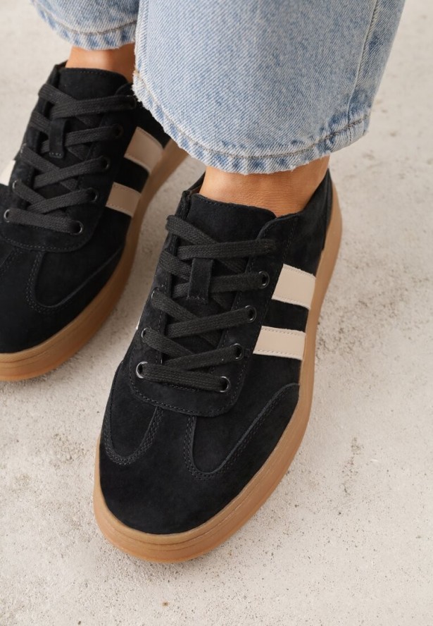 Czarne Sneakersy ze Skóry Naturalnej z Geometrycznym Wzorem Zetisius