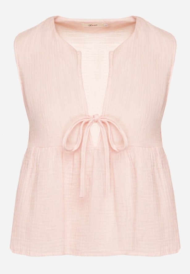 Różowa Bawełniana Bluzka Top z Wiązaniem z Przodu i Lekką Falbanką Furena