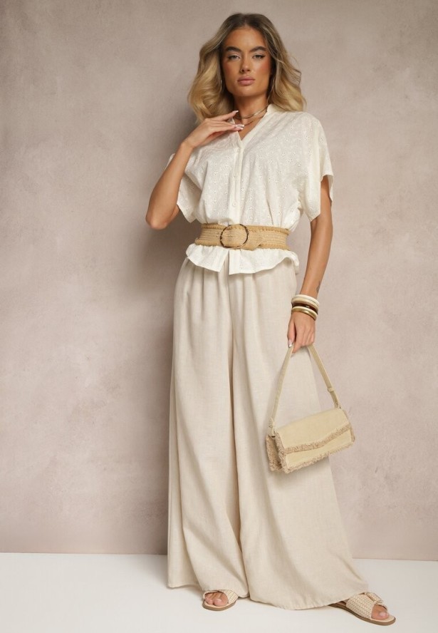 Ciemnobeżowa Koszula z Bawełny Ozdobiona Haftem Teladwenna