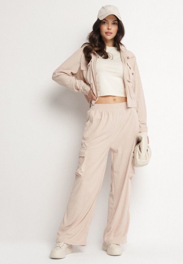Jasnobeżowy Komplet Dresowy w Stylu Cargo Bluza ze Stójką i Szerokie Spodnie Arritarra