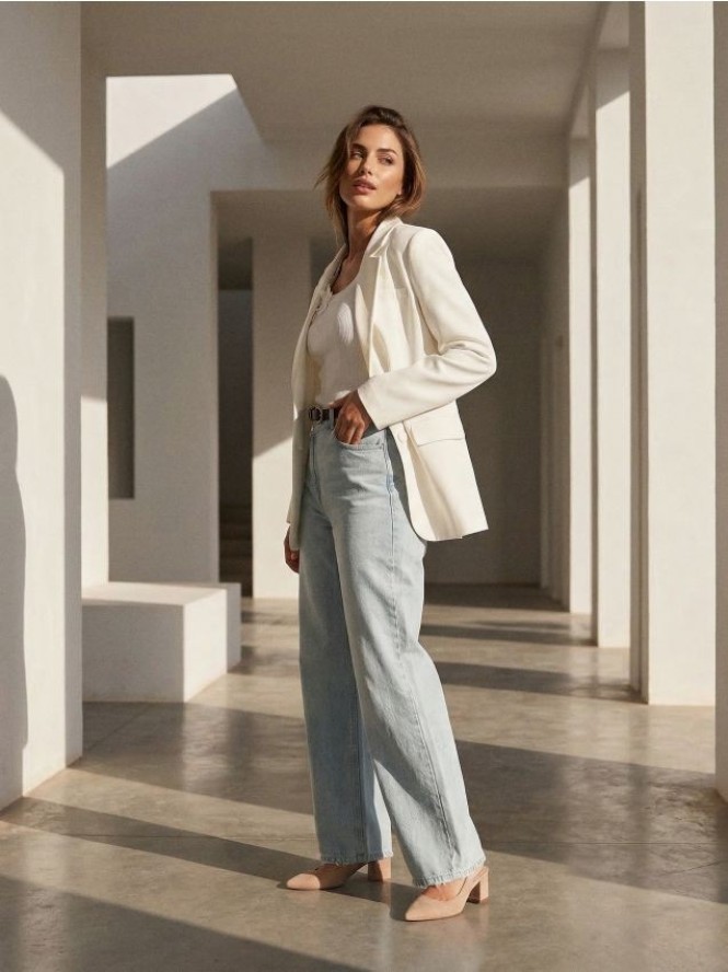 Żakiet z wiskozą i domieszką lnu - kremowy