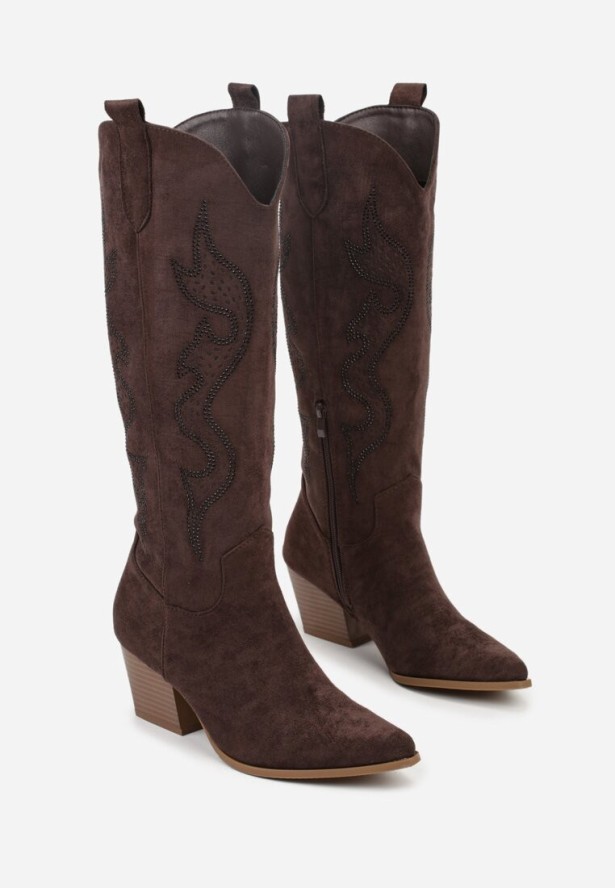 Brązowe Kozaki Kowbojki na Stożku z Cholewką z Cyrkoniami Nalikka