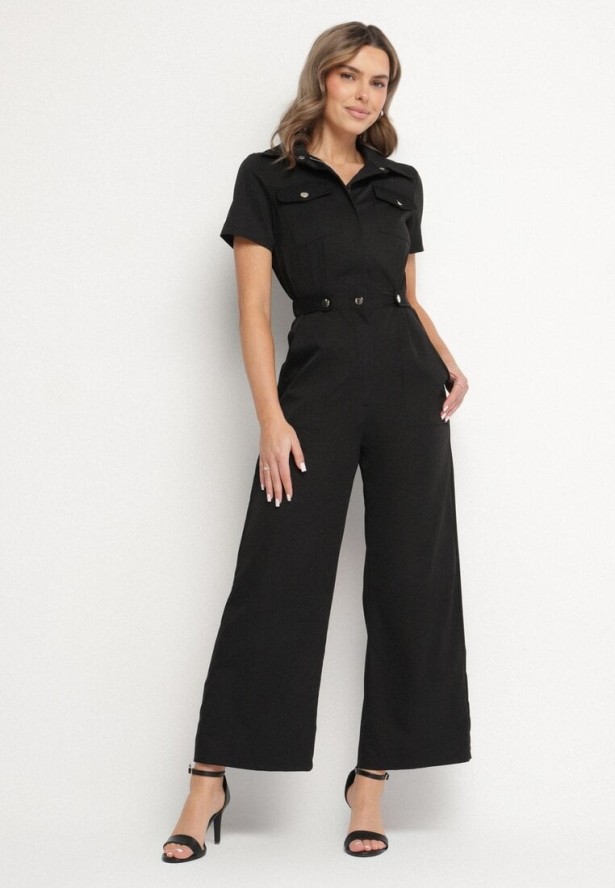Czarny Kombinezon na Krótki Rękaw z Kołnierzykiem i Szeroką Nogawką Jenanisela