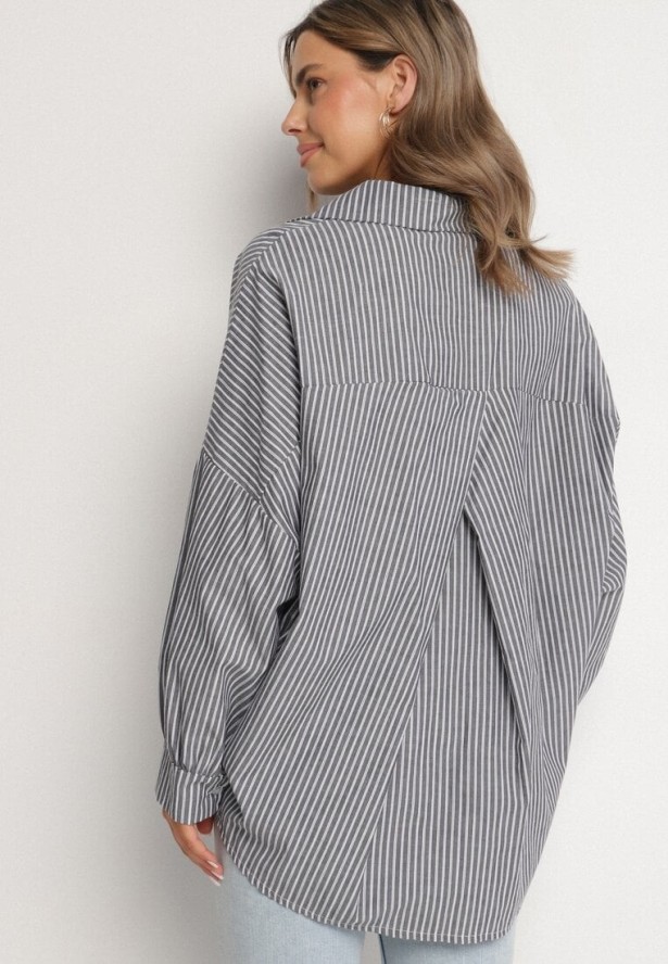 Ciemnoszara Bawełniana Koszula Oversize w Paski ze Ściągaczem Elineola