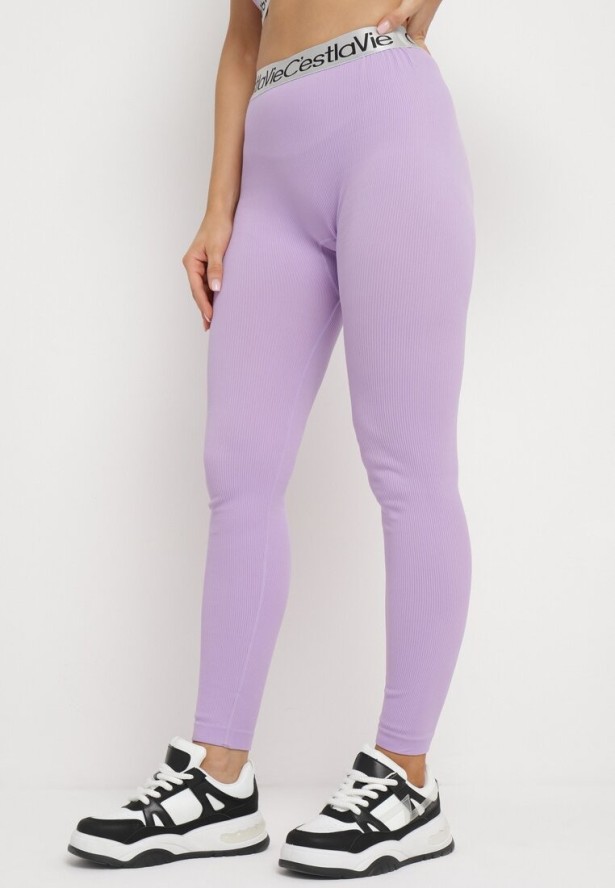 Jasnofioletowe Elastyczne Legginsy z Szeroką Gumą w Pasie Rindama