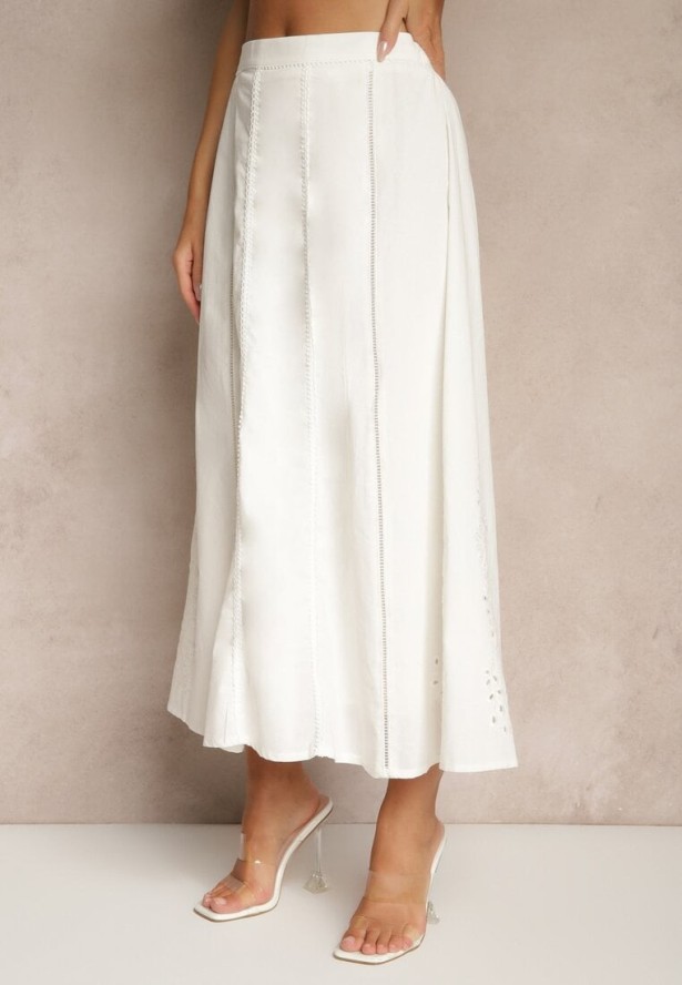 Biała Rozkloszowana Spódnica z Bawełny z Haftowanymi Detalami Tolanisse