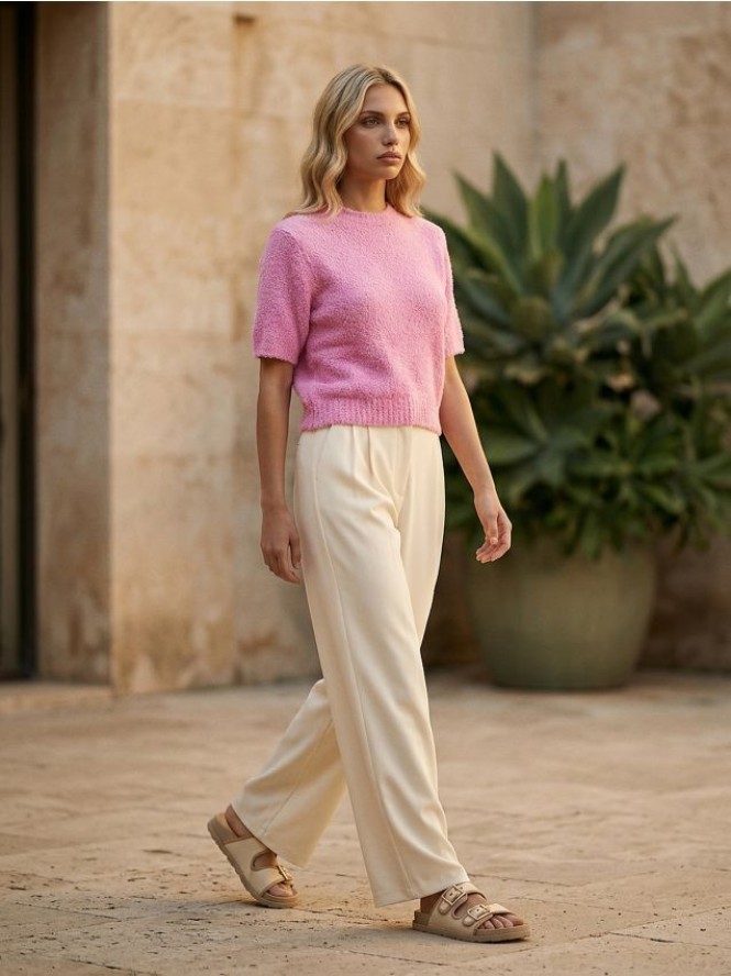 Miękka bluzka z krótkim rękawem i okrągłym dekoltem - różowy