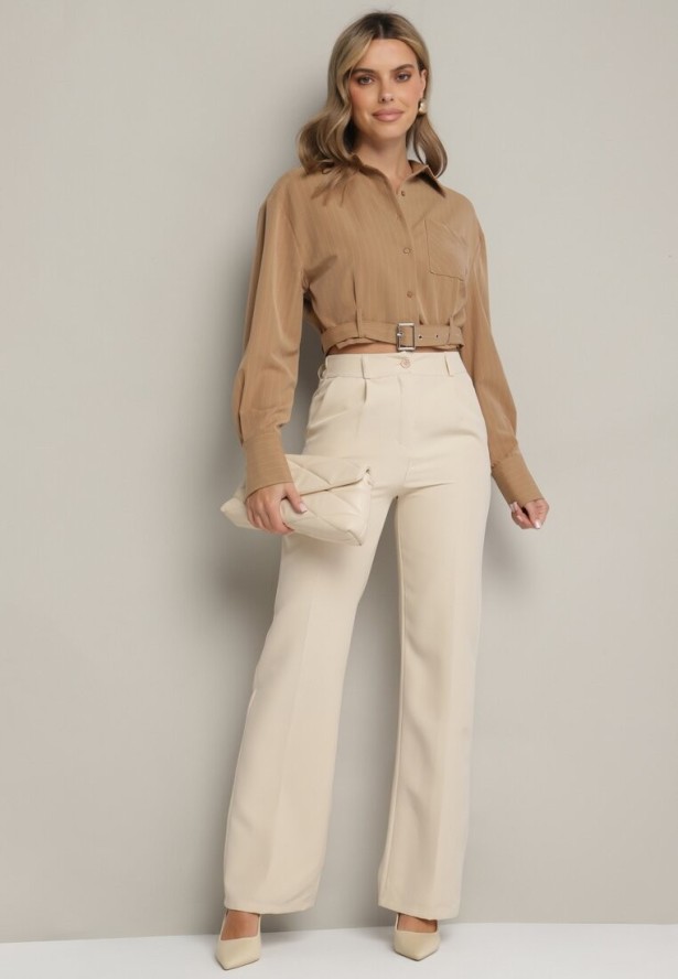 Beżowa Krótka Koszula z Ozdobnym Paskiem z Klamrą na Dole Arirti