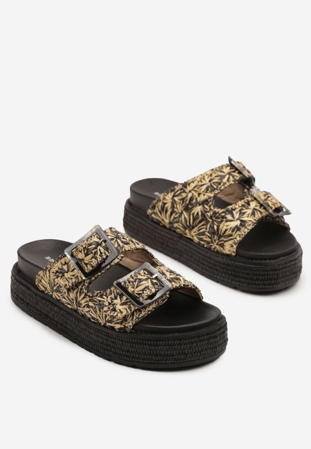 Czarne Klapki na Grubej Podeszwie Ozdobione Plecionką i Klamrami Ronella