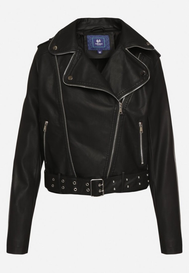 Czarna Kurtka Ramoneska z Paskiem z Klamrą Ralvila