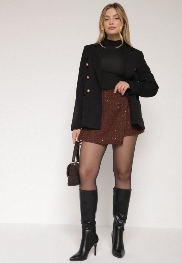 Brązowe Spódnico-Szorty z Wełną i Cekinami Fedara