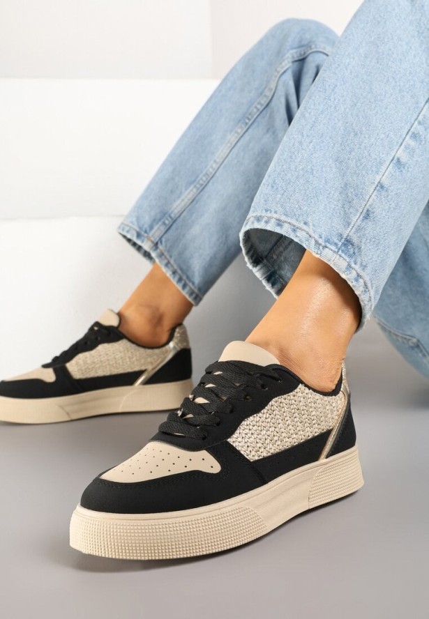 Beżowo-Czarne Sneakersy na Grubej Podeszwie z Brokatem Perforacją i Plecionką Mirreina