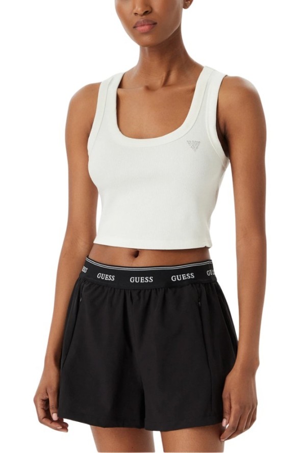 GUESS Biały krótki damski tank top Silvy Rib, Rozmiar L