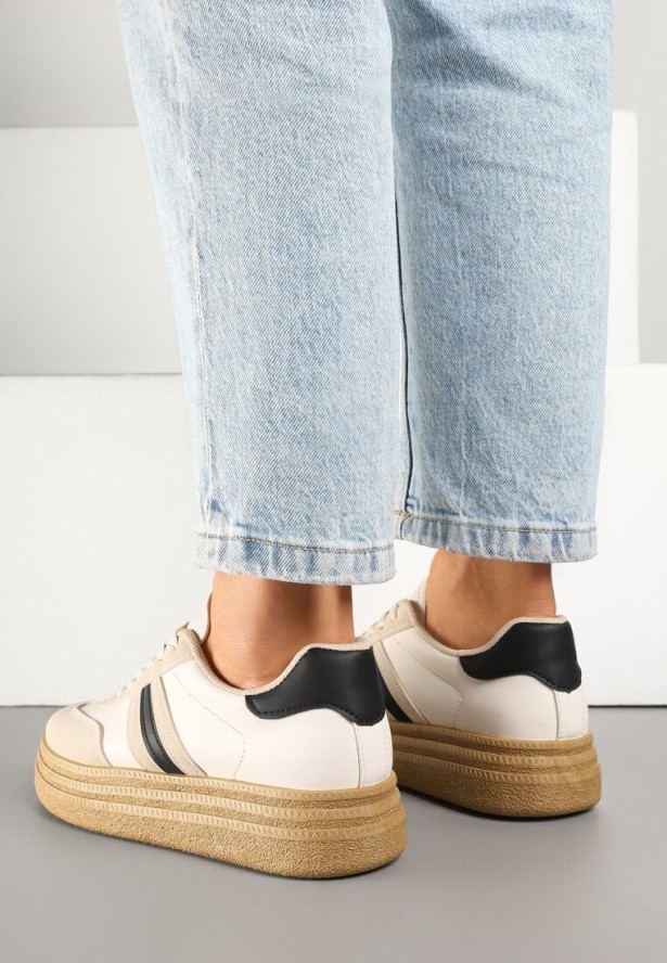 Beżowo-Czarne Sneakersy na Platformie w Stylu Kultowych Tenisówek Ozdobione Wzorem w Panterkę Gonoriel