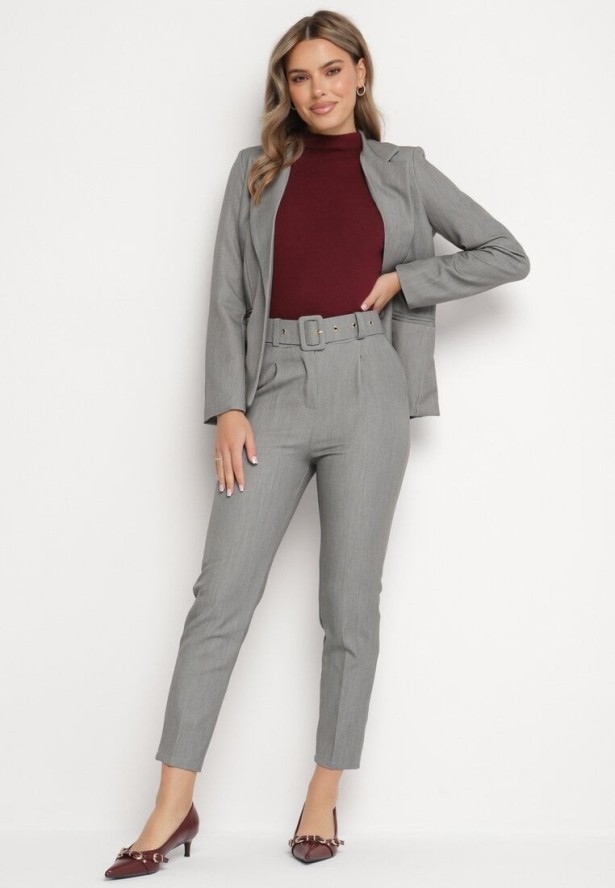 Szare Spodnie Garniturowe z Wiskozą Ozdobione Szerokim Paskiem Atteriana