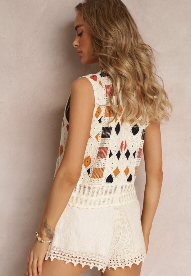 Beżowa Szydełkowa Bluzka Top z Geometrycznym Wzorem z Bawełny Fellin