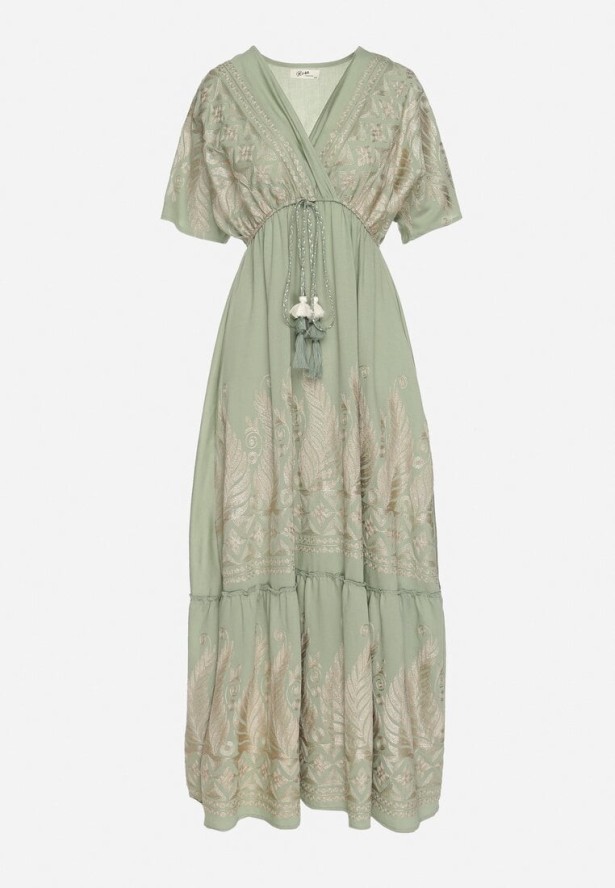 Zielona Kopertowa Sukienka z Wiskozy Zdobiona Frędzlami i Metalicznym Haftem Redeirae