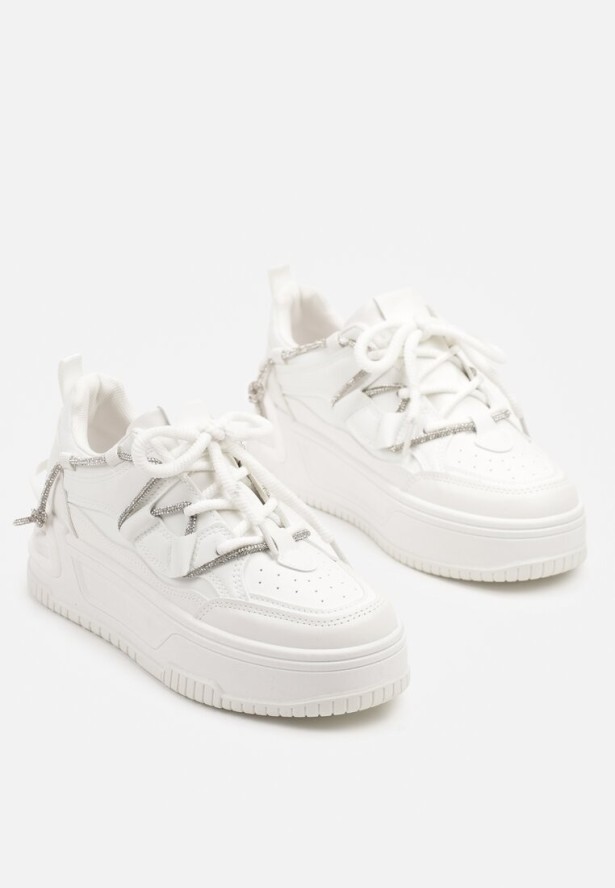 Białe Sneakersy na Grubej Podeszwie Zdobione Cyrkoniami Neothra