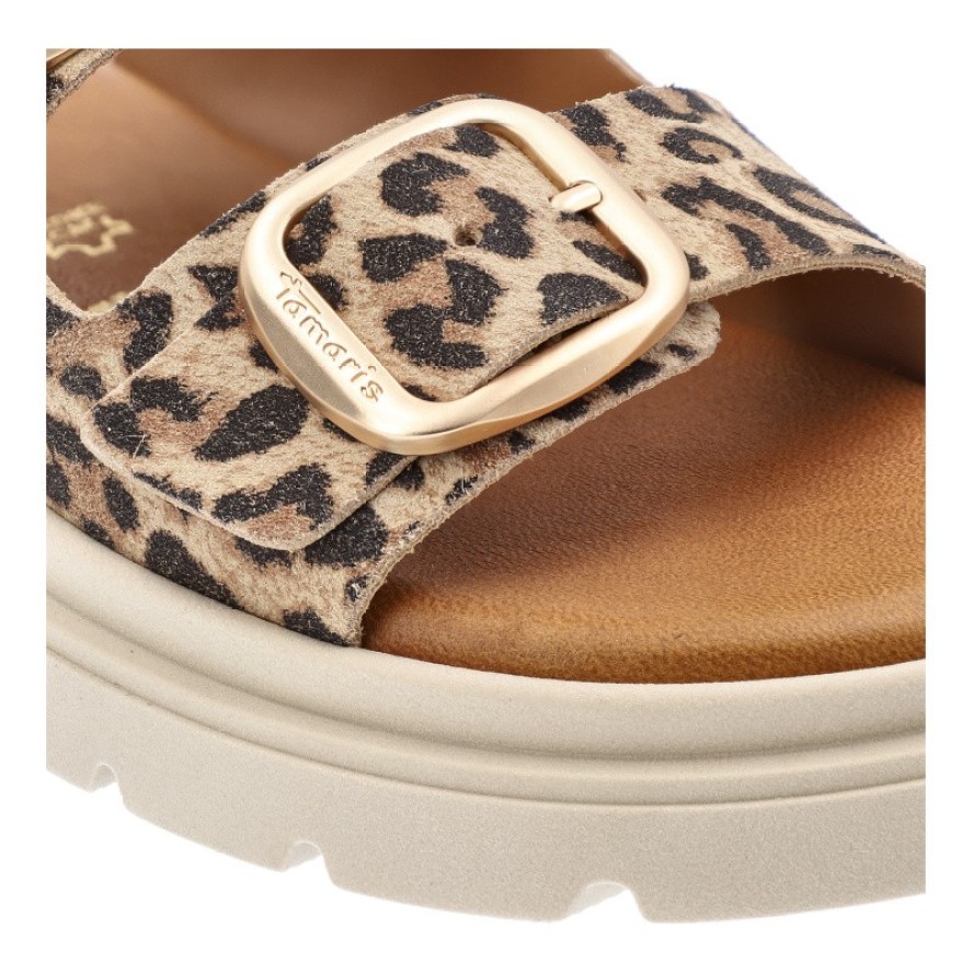 Beżowe Klapki Tamaris Eleganckie Obuwie Damskie Leopard