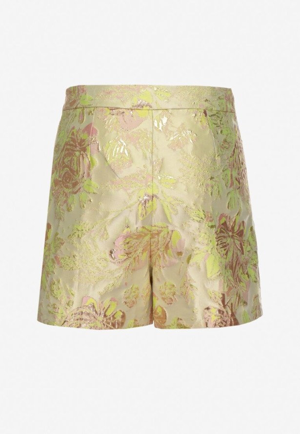 Żółte Spódnico-Szorty z Wysokim Stanem i Metalicznymi Kwiatami Rinasenia