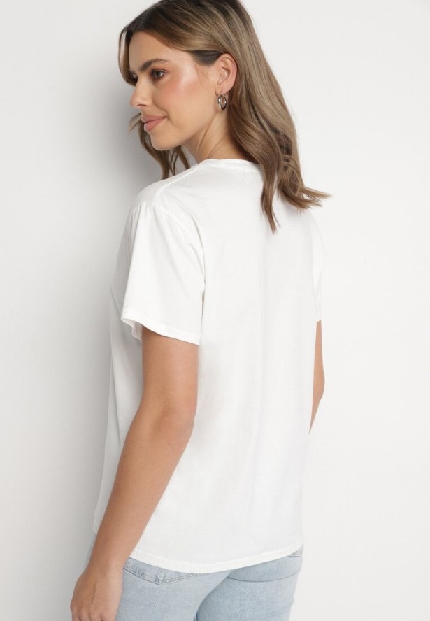 Biała Bluzka Bawełniana Oversize z Krótkim Rękawem i Aplikacją z Motylami Lornil