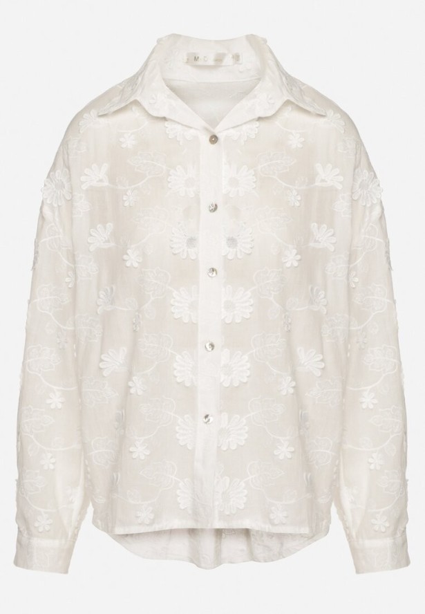 Biała Koszula Oversize z Bawełny Zdobiona Kwiatowym Haftem Reinoviel