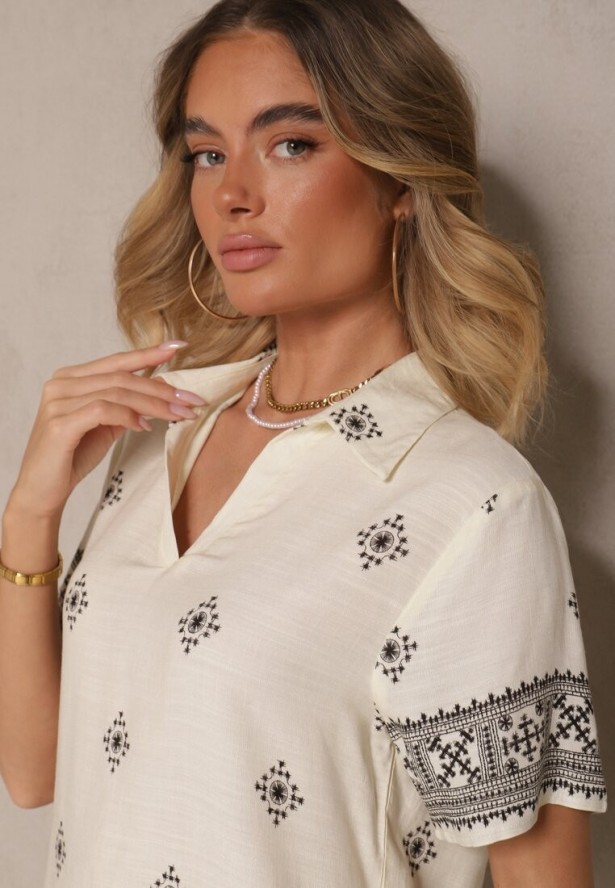 Jasnobeżowy Wiskozowy Komplet Bluzka z Kołnierzykiem i Spodnie o Szerokim Kroju Janovaria