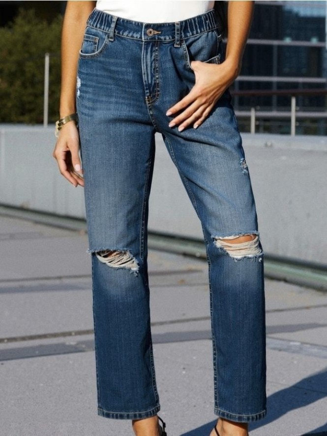 Jeansy mom fit z przetarciami - granatowy