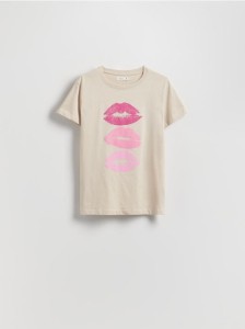 Bawełniany t-shirt z nadrukiem - beżowy