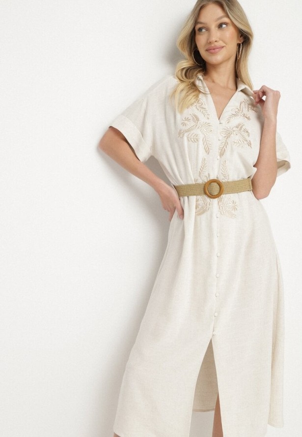 Beżowa Wiskozowa Sukienka Koszulowa z Lnem Zdobiona Haftem i Paskiem Atelinda