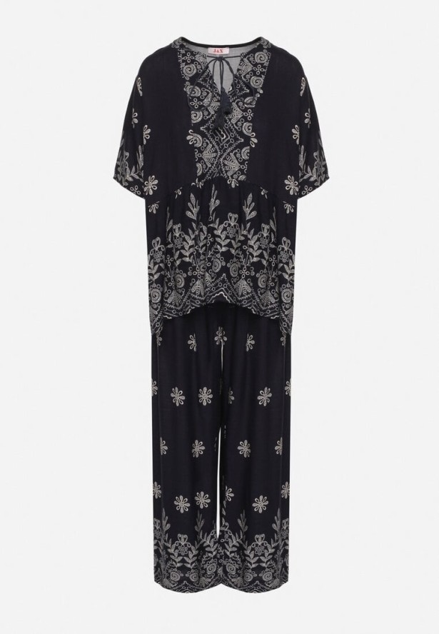 Granatowy Wiskozowy Komplet Bluzka z Wiązaniem i Spodnie Lunavelia