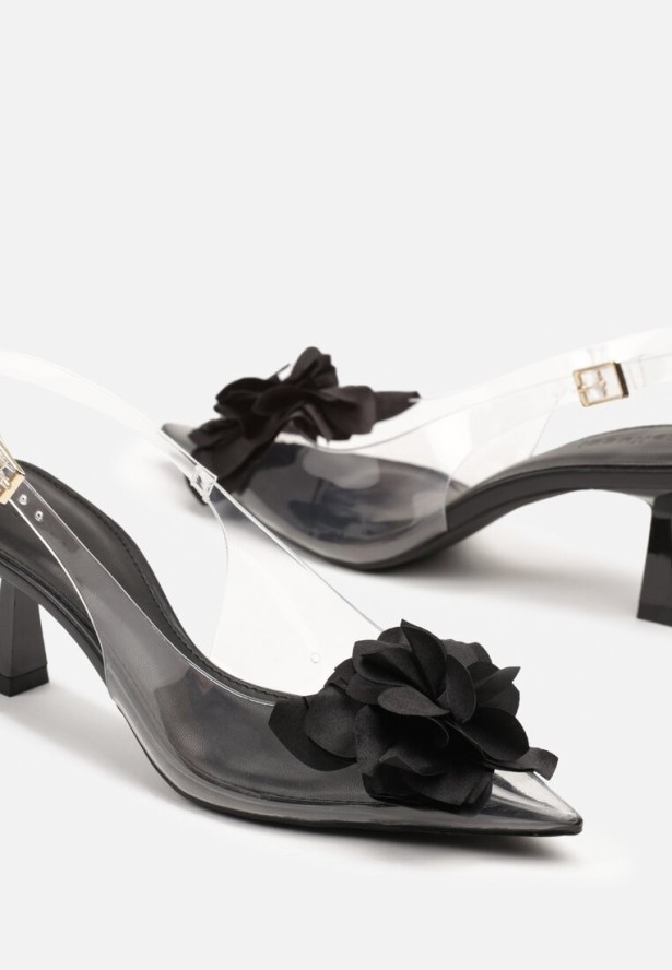 Czarne Transparentne Sandały na Kaczuszce z Kwiatem 3D Nalindrel