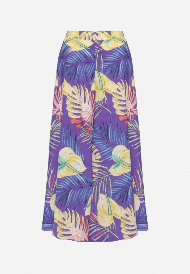 Niebieskie Szerokie Wiskozowe Spodnie z Wysokim Stanem w Liście Senithiela