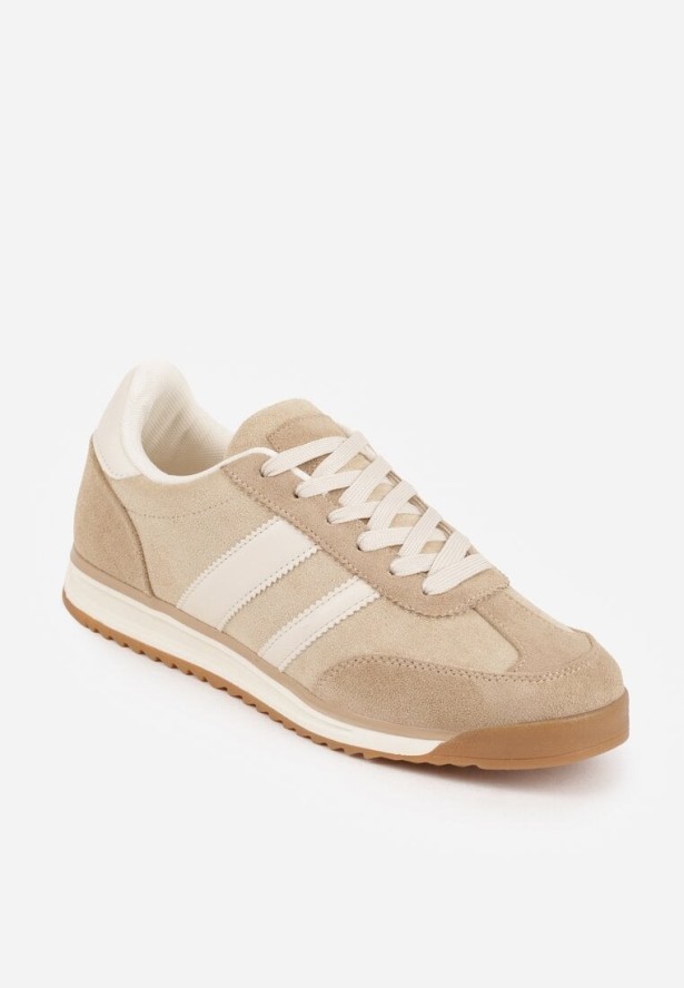 Beżowe Sneakersy Ozdobione z Boku Paskami Ariene